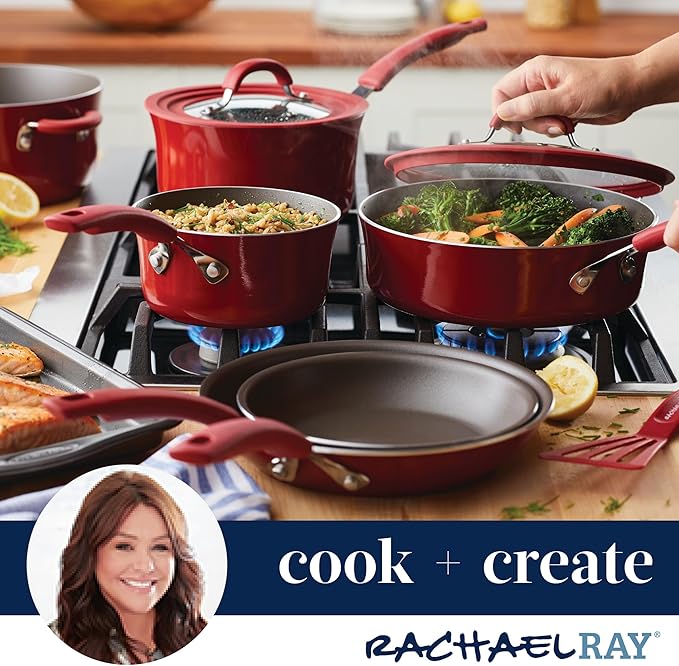 Rachael Ray Cook + Create Nonstick Cookware/Pots and Pan Set 10 Piece Red