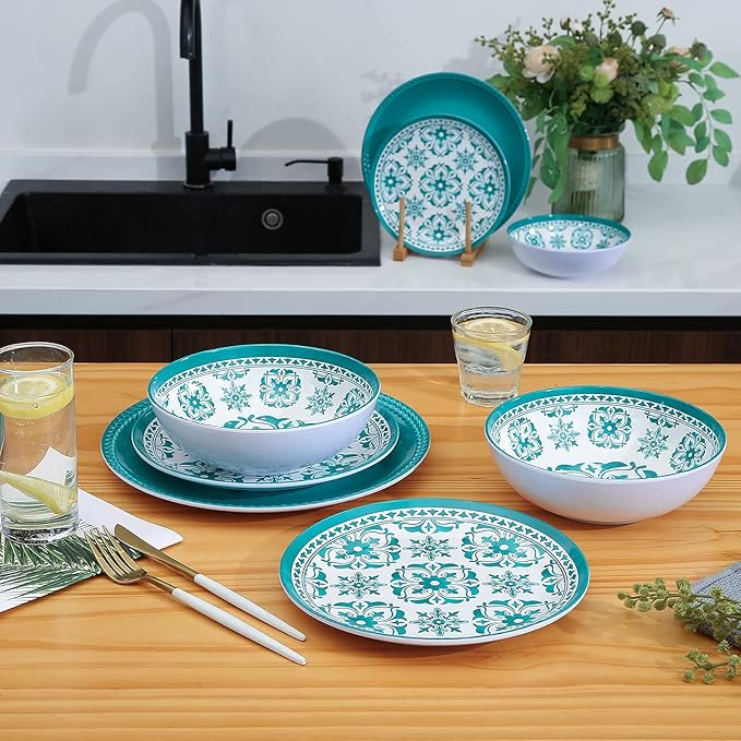 Webbylee Melamine Dinnerware Set12-Piece Plate and Bowl SetsUnbreakable Dish Set Service for 4–Dishwasher Safe&ampLightweight DishesGreen Dinnerware for Indoor/Outdoor Use Gift