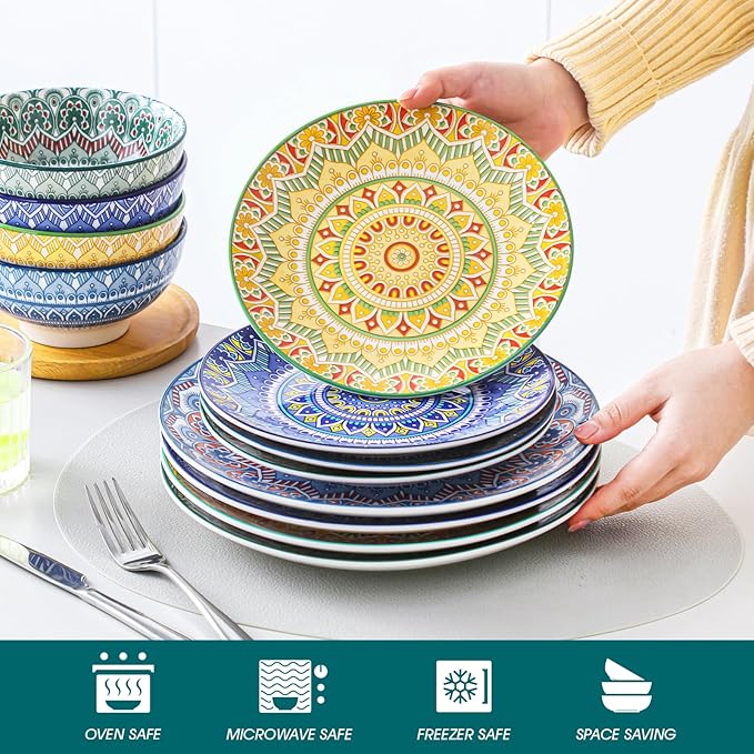 vancasso Mandala 12 Pieces Dinnerware Sets Porcelain Dinner Set for 4 Boho Plates and Bowls Set Colorful Dish Sets