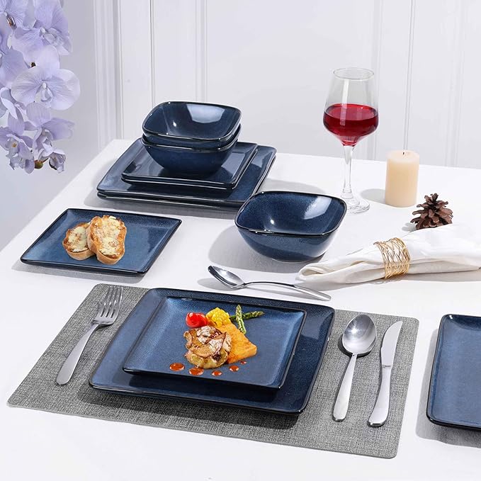 Herogo 12 Pieces Square Stoneware Dinnerware Set Service for 4 Dinner Plates and Bowls Sets Double Reactive Glaze Dishes Set for Kitchen Scratch Resistant Dishwasher Safe Starry Blue