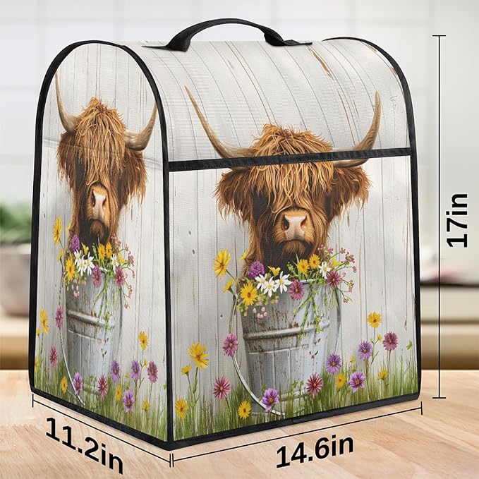 Kitchen Aid Mixer Cover Flower Cute Cow Highland Stand Mixer Cover Compatible with 6-8 Quarts Stand Mixers Dust Covers with Zipper Pocket Foldable Washable Kitchen Aid Organizer Bag