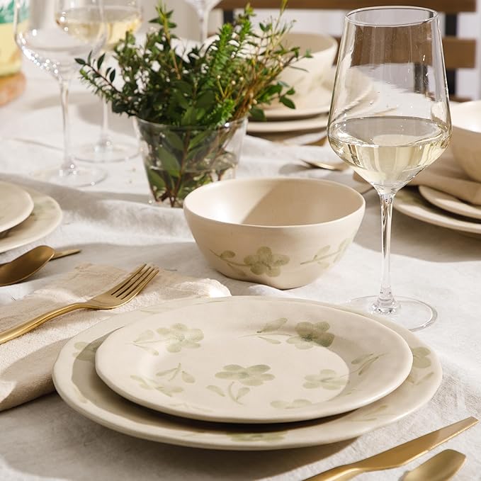 Bloomhouse - 2 Time Oprah's Favorite Things - Made in Portugal Hand Painted Dinnerware Set - Porto Petals 12 Piece (Service for 4) Floral Plates and Bowls Set - Green Orchid