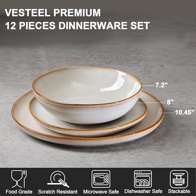 Vesteel Dinnerware Set for 4 12 Pieces Premium Stoneware Plates and Bowls Set Handmade Reactive Glaze Dishes for Home Chip &amp Scratch Resistant Microwave and Dishwasher Safe - Pearl White