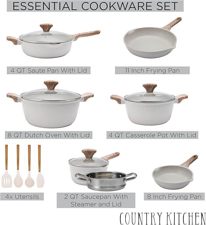 Country Kitchen Non-Stick Cast Aluminum Cookware Set - Durable Kitchen Cookware for Everyday Cooking Cream 15 Pc.