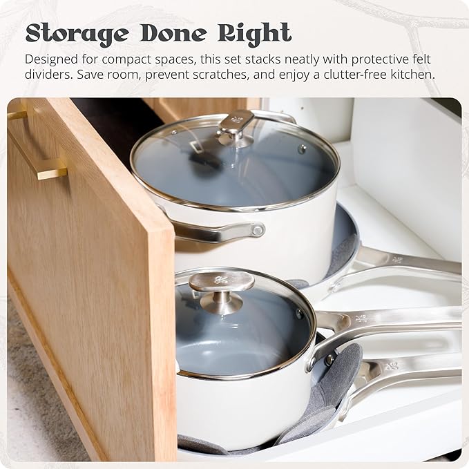 Premium Non-Toxic Ceramic Cookware Set – Triple-Layer Nonstick 12 Piece Pots and Pans with Lids PFAS-Free Oven Safe for Healthy Meals Space-Saving Design Birch White Color | Greater Goods