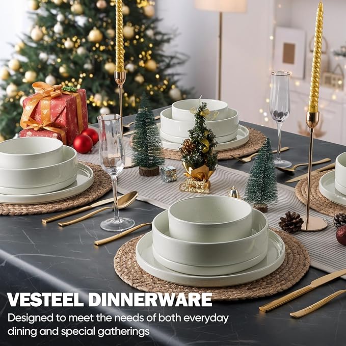 Vesteel 16 Pieces Dinnerware Sets Premium Stoneware Dishes Set for 4 Speckled Plates and Bowls Set for Home Restaurant Microwave and Dishwasher Safe - Off-white