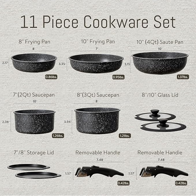 11Pcs Pots And Pans Set Non Stick Cookware Sets with Detachable Handle Nonstick RV Kitchen Cooking Set Removable Handles Oven Safe Induction Fast Stackable
