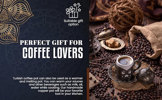 DEMMEX 15 Oz Thickest Copper Turkish Greek Arabic Coffee Pot Stovetop Coffee Maker Cezve Ibrik Briki with Wooden Handle &amp Spoon Hand Engraved (Matte Copper 6 Servings)