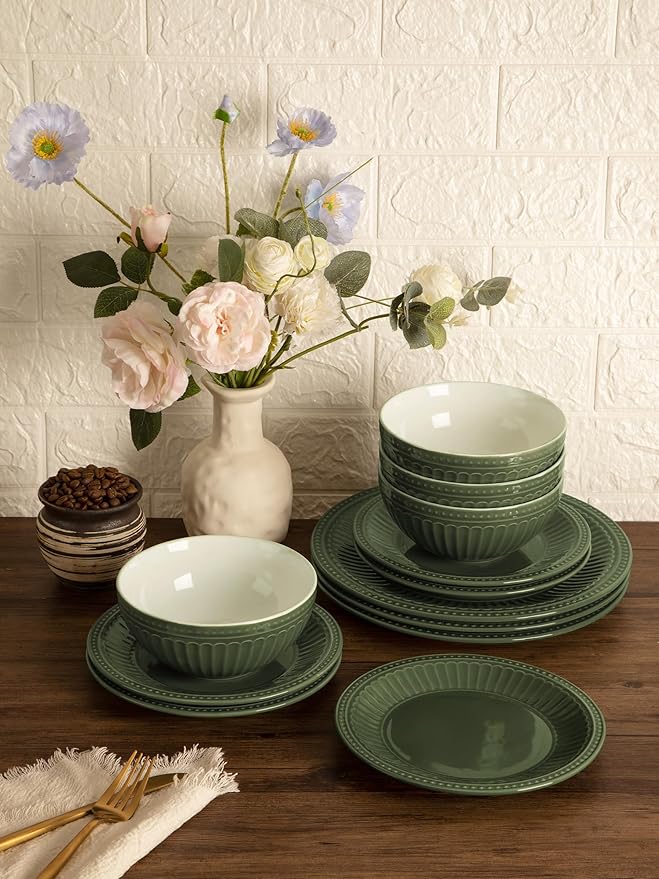 famiware 16 Pieces Plates and Bowls Dinnerware Sets for 4 Multicolor &amp Green