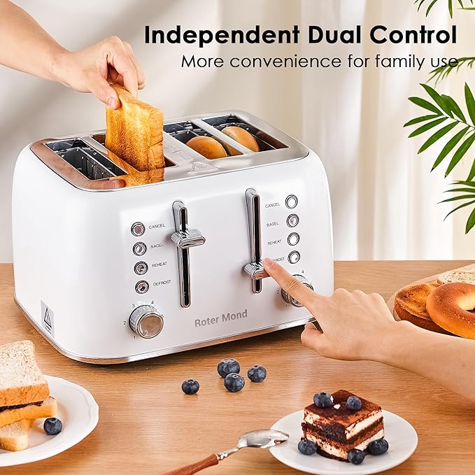 Roter Mond Toaster 4 Slice Retro Stainless Steel with Extra Wide Slots Bagel Defrost Reheat Function Dual Independent Control Panel Removable Crumb Tray 6 Browning Levels White