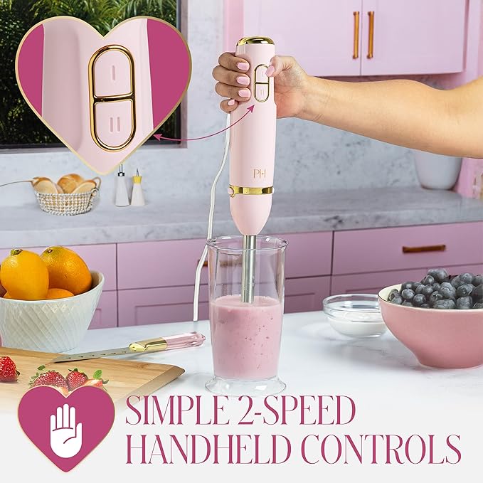 Paris Hilton Hand Blender Set 3-in-1 Immersion Blender with Whisk Blending &amp Chopper Attachments 400W High Speed Pink with Gold Accents – Smoothies Soups Sauces Baby Food Whipped Cream Pi