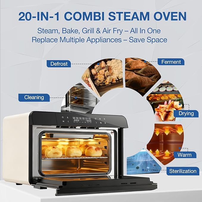 ROBAM Toaster Air Fryer Combi Oven Countertop Steam Oven 20-in-1 with Convection Steam Roast &amp Bake Multi-Stage Cooking Self-Clean 7 Modes 30 Built-In Recipes for Kitchen Pizza Baking (White