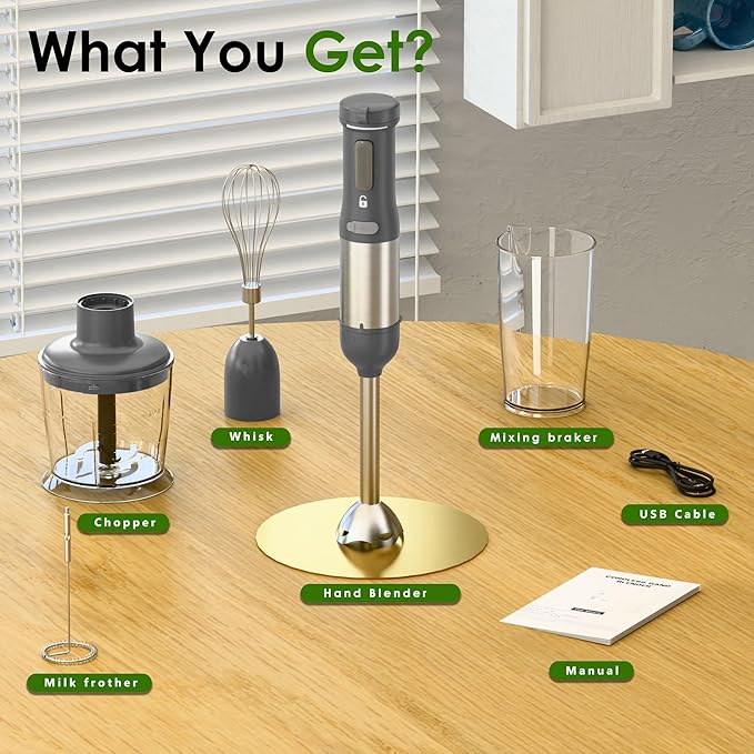 Cordless Immersion Hand Blender 5-in-1 Variable Speed blender handheldRechargeable with 2000mAh Battery BPA-Free &amp Dishwasher-Safe Accessories:700ml BeakerChopperWhisk &amp Milk FrotherGrey