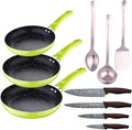 San Ignacio Set 3pc Frying Pan (20+24+28cm) Green Pressed Aluminium with Set 3 Pc Stainless Steel Kitchen Utensils with Set 4pc Stainless Steel Knives