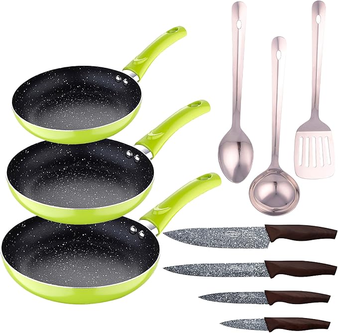 San Ignacio Set 3pc Frying Pan (20+24+28cm) Green Pressed Aluminium with Set 3 Pc Stainless Steel Kitchen Utensils with Set 4pc Stainless Steel Knives