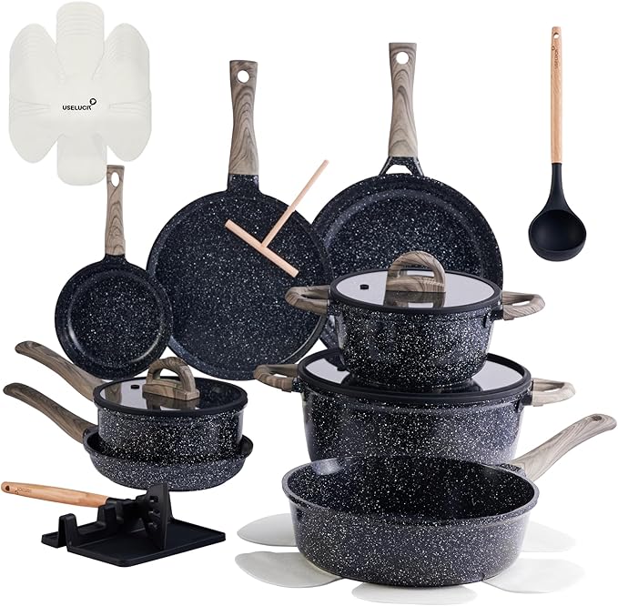 Pots and Pans Set Non Stick Non-Toxic 22 Pcs Ceramic Cookware Sets Nonstick Kitchen Pot&ampPan With Lid Black Granite Induction Compatible with Glass Lids Crepe Frying Pan PFOA/PFOS-Free