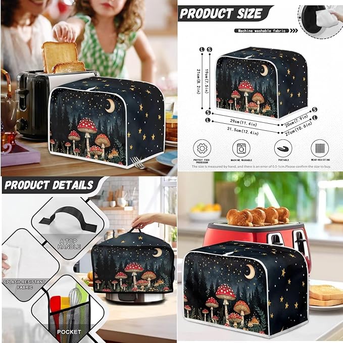 Mushrooms Moon 4 Slice Toaster Cover Small Appliance 3-Pcs SetBread Toaster Blender and Slow Cooker Cover Dust and Fingerprint Protection Machine Washable Kitchen Decor (Black)