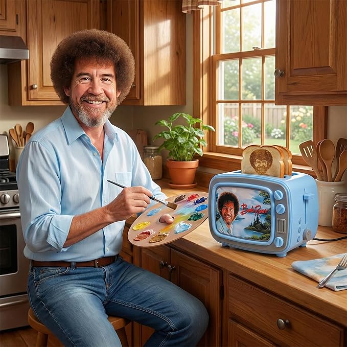 Uncanny Brands Bob Ross Retro TV Toaster with Light Up Frame Two Slice Model with Bob Ross Artwork Themed Kitchen Appliance