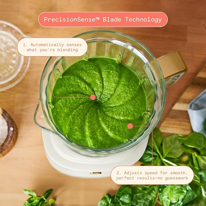 B PowerExact High-Performance 700-Watt Blender System by Drew Barrymore 50-Ounce Pitcher Stainless 4-Tip Blade 3 Speeds + 4 Presets Dishwasher-Safe Parts Travel Cup Included