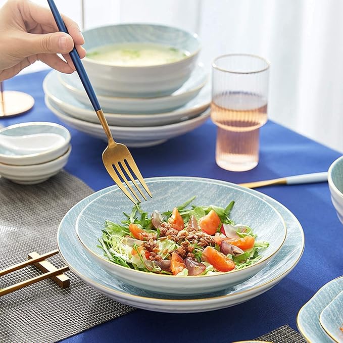 Ceramics Dinner Sets 50 Pieces Light Blue Dinnerware Set - Japanese-Style Porcelain Cereal Bowl and Steak Plate Set for Family Gathering and Restaurant