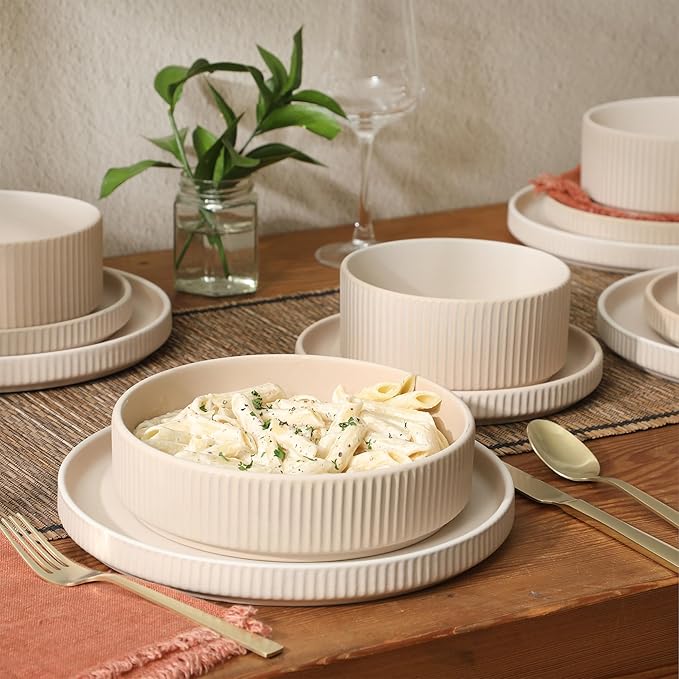 Gibson Elite Deerfield 16-Piece Stoneware Dinnerware Set – Cream White Reactive Glaze Plates and Bowls Stackable Design Service for 4 – Dishwasher &amp Microwave Safe