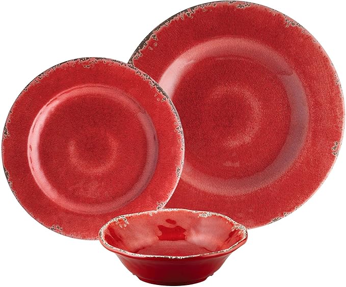 UPware 12 Piece Crackle Melamine Dinnerware Sets Outdoor Dishes Set Plates and Bowls Sets Service for 4 Red