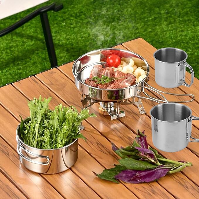 Pilipane Portable Cookware Set Stainless Steel Multifunctional Efficient Heating Lightweight Easy to Clean for Camping Hiking Outdoor Activities 6PCS Set