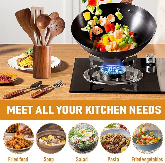 Wooden Kitchen Utensil Set 9-Piece Cooking Tools with Holder and Spoon Rest Wooden Spoons for Cooking