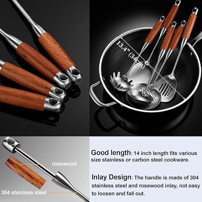 Kitchen Utensils Set Stainless Steel with Wooden HandleMetal Cooking Utensils Set 12 PCSSpatulasLadleSkimmerTunnersSpaghetti SpoonForkPotato MasherEgg WhiskTongs