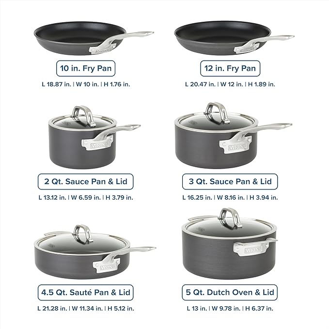 Viking Pots and Pans Set Non Stick 10 Piece Hard Anodized Kitchen Cookware with Glass Lids Black