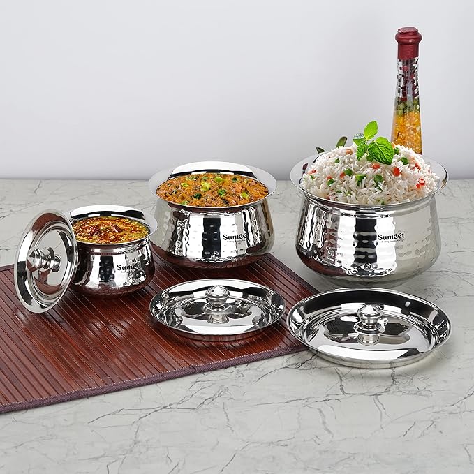 Sumeet Stainless Steel Handcrafted Hammered Texture Handi Set with Lid for Kitchen Set of 3 460ml 950ml &amp 1700ml Silver