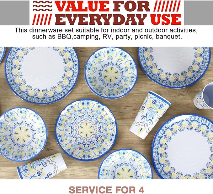 Melamine Dinnerware Set for 4-16 Pcs:Camping Dishes Set with Dinner PlatesSalad Plates Bowls and Cups.Lightweight and Unbreakable.Indoor and Outdoor Use.