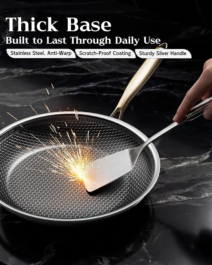 Honeycomb Stainless Steel Nonstick Frying Pan with Lid 8 Inch Induction Cooktop Compatible Skillet PFOA-Free Scratch-Proof Dishwasher &amp Oven Safe Stay-Cool Handle Gold Kitchen Cookware