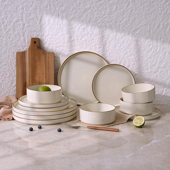 Famiware Nebula Plates and Bowls Sets for 4 12 Pieces Stoneware Dinnerware Set Microwave and Dishwasher Safe Dishes Set Vanilla White with Brown Rim