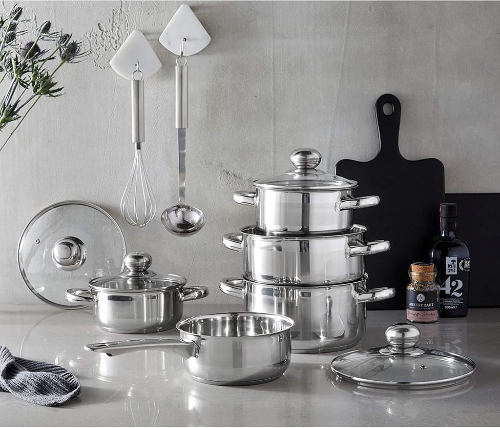 GSW Silver Star Cooking Pot Set 11 Pieces Stainless Steel Glass Silver