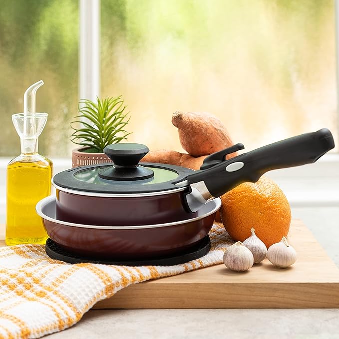 Moss &amp Stone Aluminum Pots And Pans Set Nonstick Removable Handle Cookware Stackable Pots And Pans Set Dishwasher safe Induction Pots And Pans Camping Cookware Set (5 Pcs Burgandy)
