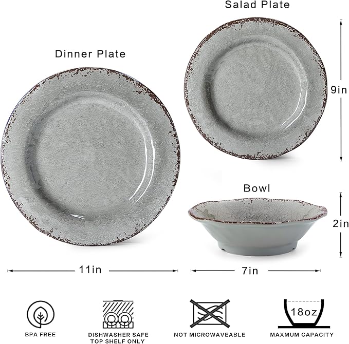 LEHAHA Farmhouse Melamine Dishes Dinnerware Set 12 Piece Rustic Plates and Bowls Great for Picnic Camping Service for 4 Reusable and Dishwasher Safe Indoor and Outdoor Use