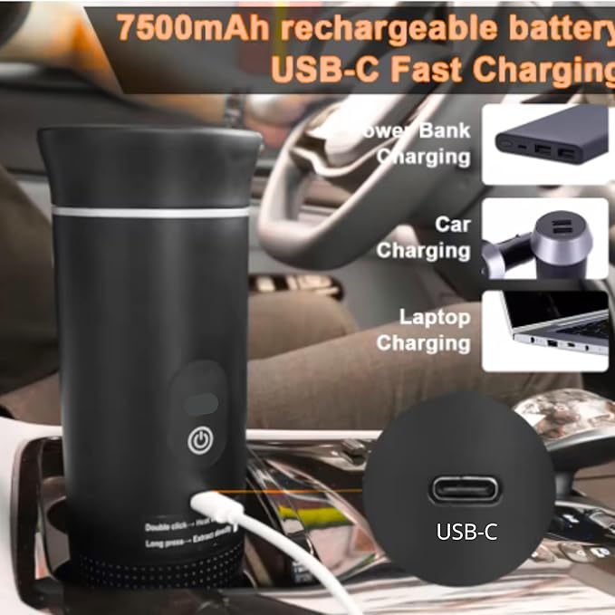 Portable Espresso Maker – Self-Heating USB-C Rechargeable Travel Coffee Maker for Car Camping Office Hiking portable coffee maker With Ground Coffee &amp NS Capsule (Black)