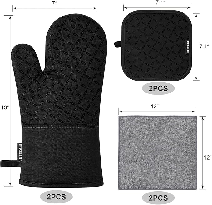 KEGOUU Oven Mitts and Pot Holders 6pcs Set Kitchen Oven Glove High Heat Resistant 500 Degree Extra Long Oven Mitts and Potholder with Non-Slip Silicone Surface for Cooking (Black)
