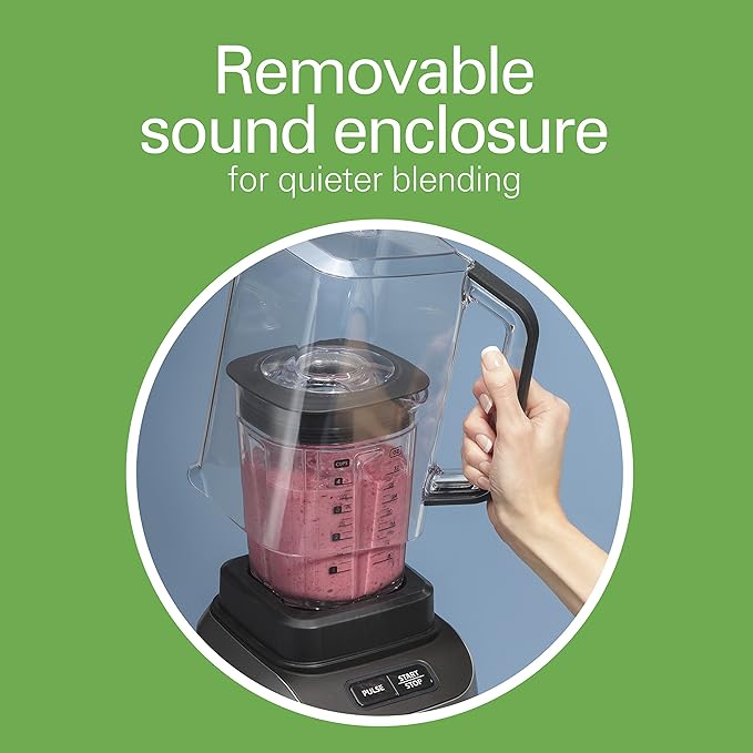 Hamilton Beach Professional Quiet Shield Blender 1500 Watts Peak Power 32oz BPA Free Jar 4 Programs &amp Variable Speed Dial for Smoothies Ice Crush Puree Silver (58870)