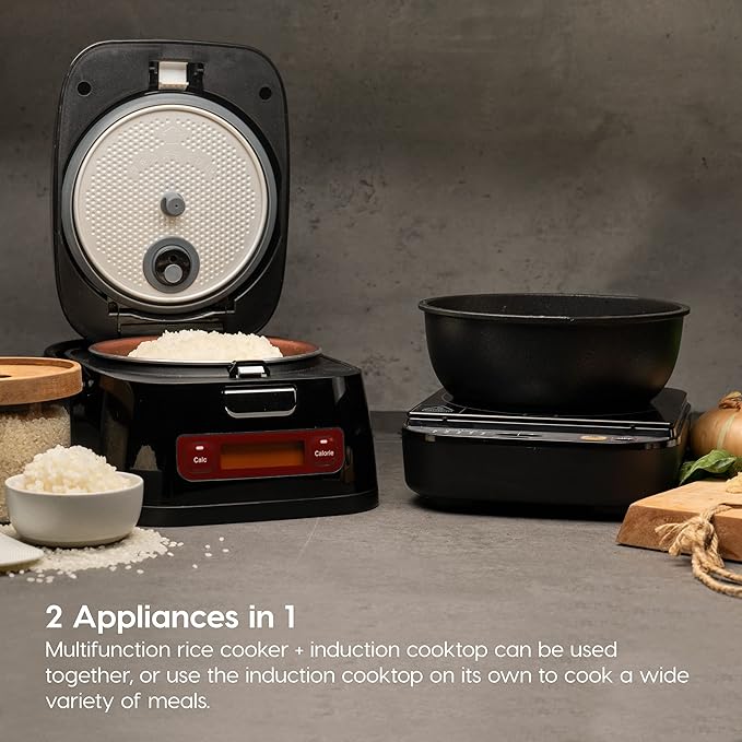 2-in-1 Rice Cooker and Induction Cooktop Burner 3-Cup (Uncooked) / 6-Cup (Cooked) and Warmer Portable and Compact IH Cooktop with Calorie Counter and Timer 7 Cooking Modes