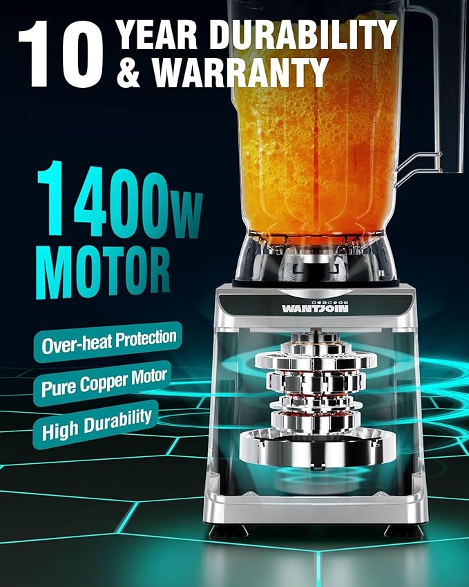 WantJoin 136oz Commercial Blender – Heavy Duty 18800 RPM Professional Blender with Pure Copper Motor Multi-Speed Dishwasher Safe for Smoothies &amp Juices