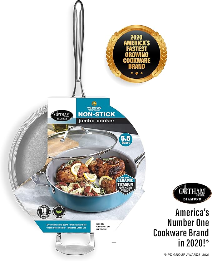 Gotham Steel Nonstick 5.5 Quart Sauté Pan with Lid Ceramic Jumbo Cooker Fry Pan with Glass Lid Stay Cool Handle + Helper Handle Oven Stovetop &amp Dishwasher Safe 100% PFOA Free Aqua Blue