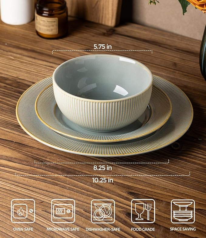 TheTerra Stoneware Dinnerware Sets for 4 12 Pieces Ceramic Plates and Bowls Sets Scratch Resistant Embossed Dish Set Oven Microwave &amp Dishwasher Safe Desert Sage