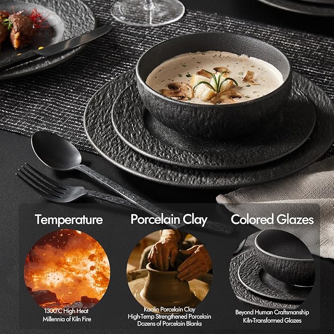 KINGSTONE Black Dinnerware Sets 24-Piece Matte Marble Pattern Premium Porcelain Place Setting with Dinner Plate Salad Plate Pasta Bowl Microwave and Dishwasher Safe