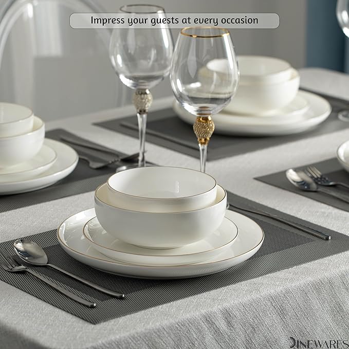 Perlaceo Luxurious Collection Bone China Dinnerware Set-Lightweight and Durable-Service for 4 or 8 Including Dinner Salad Plates and Cereal or Soup Bowls 16-Pc White w/Gold Rim