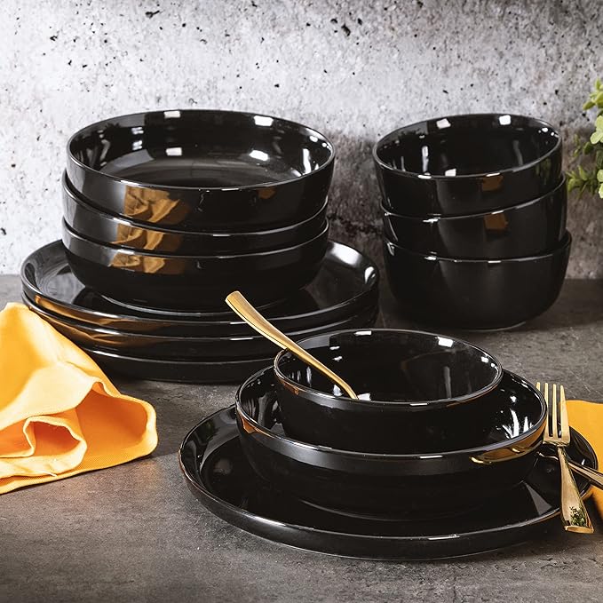 Gibson Home Oslo 12-Piece Porcelain Chip and Scratch Resistant Dinnerware Set Service for 4 – Black Plates and Bowls Microwave &amp Dishwasher Safe