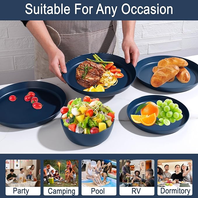 EI 12pcs Dark Blue Wheat Straw Dinnerware SetWheat Straw PlatesPlastic Plates ReusablePlate and Bowls SetsUnbreakable Plastic Plate for Dinner CampingPicnic