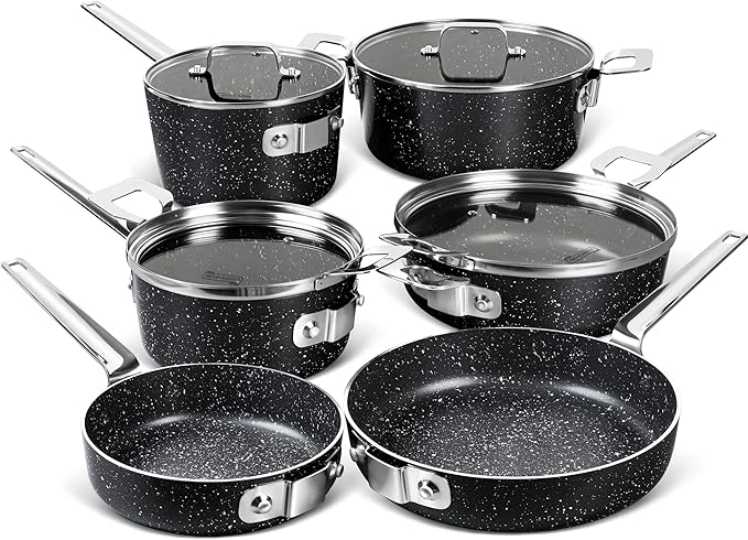 Stackable Pots and Pans 10 Piece Set - Nonstick Cookware With Space-Saving Design Non-Toxic Stone Coatings Saves 55% More Space - Black