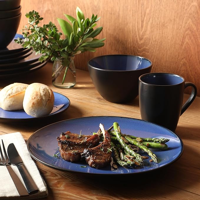Gibson Elite Soho Lounge Round Reactive Glaze Stoneware Dinnerware Set Service for 4 (16pc) Blue Soho Round.